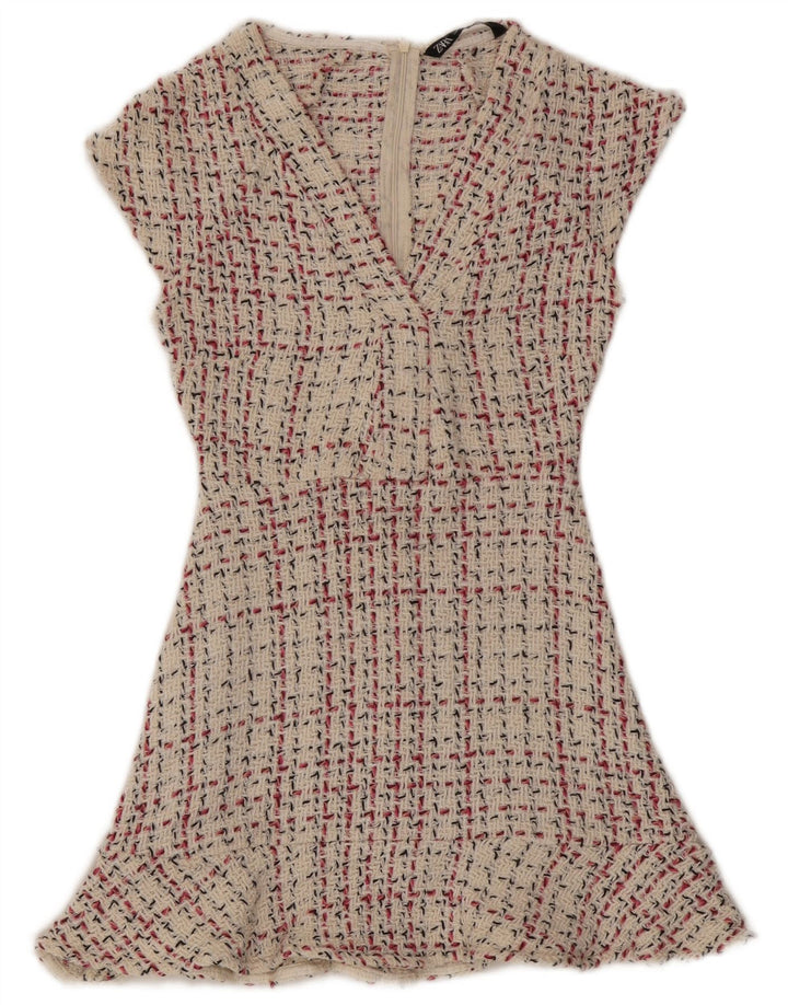 Zara Mujer Vestido Acampanado UK 8 Small Beige Check