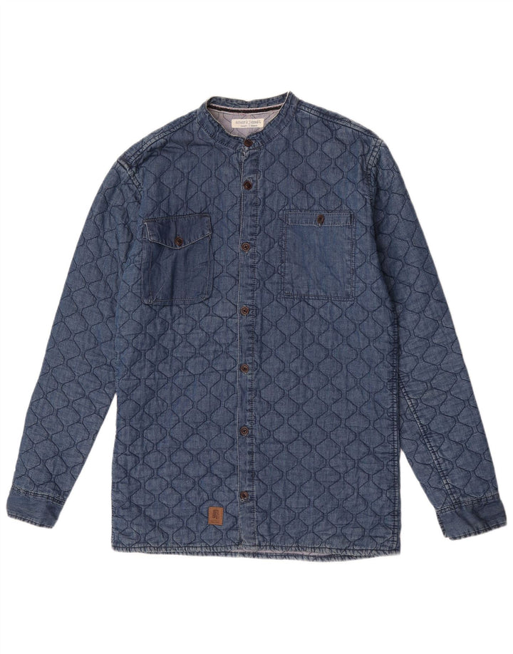 Vintage hombres acolchado denim camisa medio algodón azul