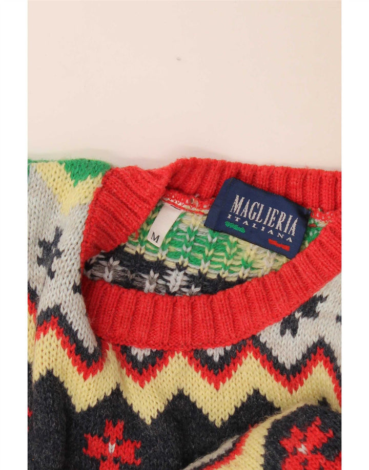 Vintage hombres cuello redondo jersey suéter medio multicolor Fair Isle