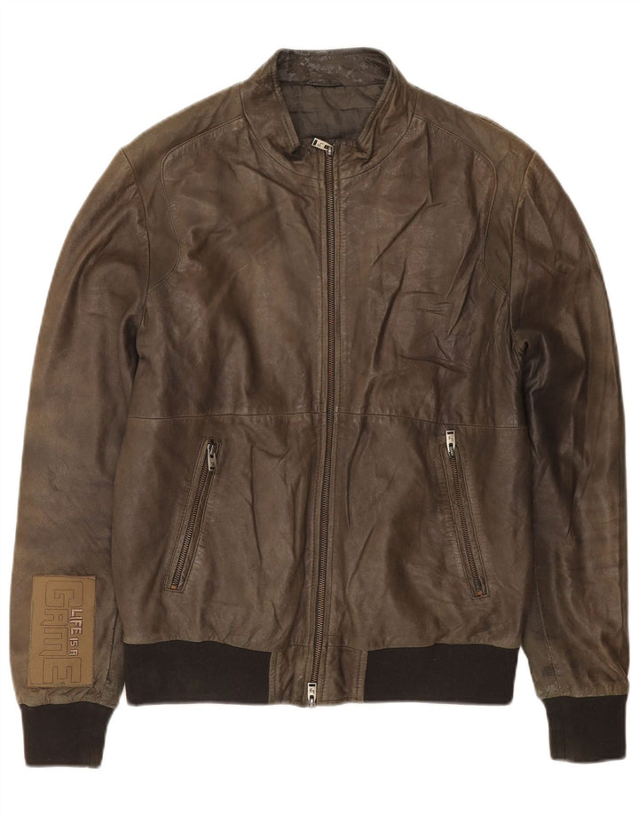 LIU JO Mens Graphic Leather Jacket UK 38 Medium Khaki Leather