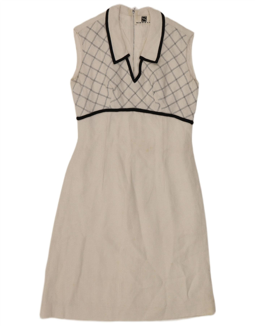 VINTAGE Vestido de línea A sin mangas para mujer Reino Unido 8 Pequeño cheque blanco