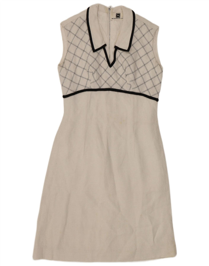 VINTAGE Vestido de línea A sin mangas para mujer Reino Unido 8 Pequeño cheque blanco
