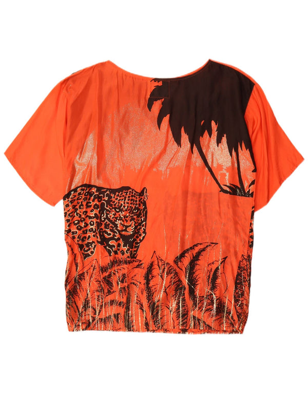 Vintage mujer gráfica blusa de gran tamaño Top Reino Unido 10 pequeña seda naranja