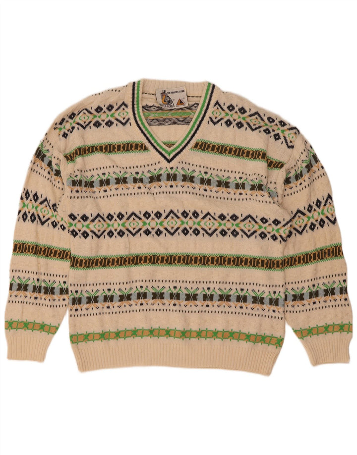Vintage hombres V-cuello jumper suéter medio blanco algodón geométrico