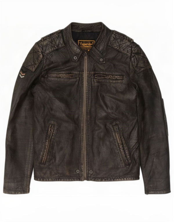 Superdry Chaqueta de cuero estilo motor para hombre, talla 40, color marrón grande