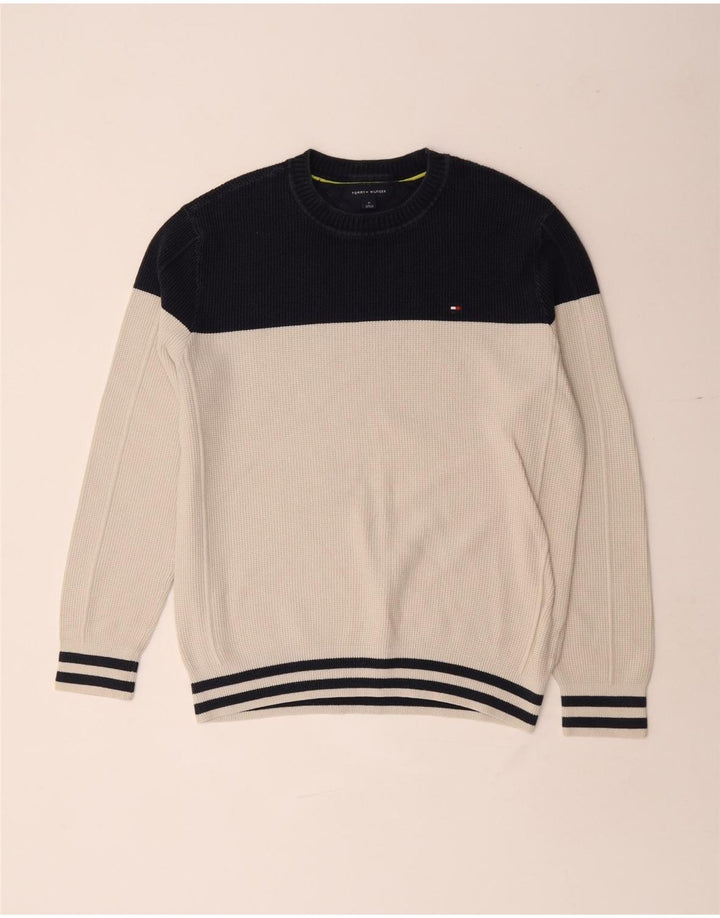 Tommy Hilfiger Jersey con cuello redondo para hombre, color blanco roto, color block