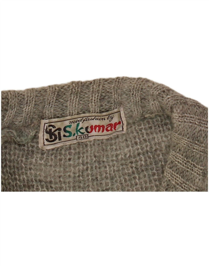Vintage hombres cuello redondo jersey suéter tamaño 40 gris medio rayas