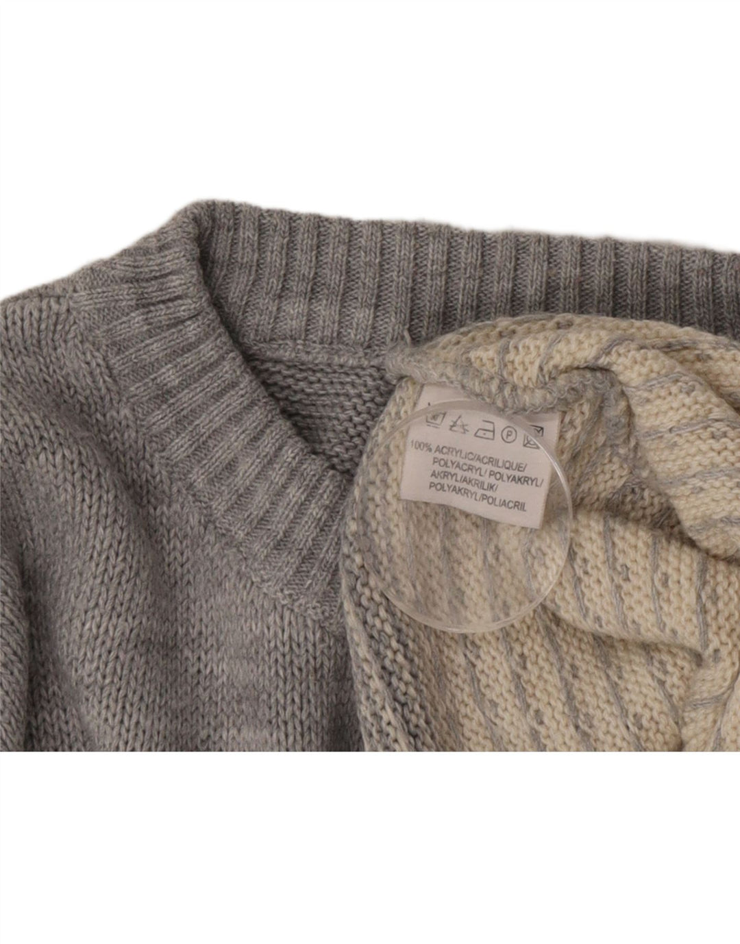 Vintage hombres cuello redondo jersey suéter medio gris Fair Isle acrílico