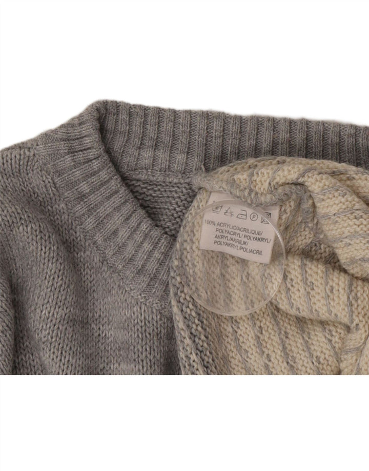 Vintage hombres cuello redondo jersey suéter medio gris Fair Isle acrílico