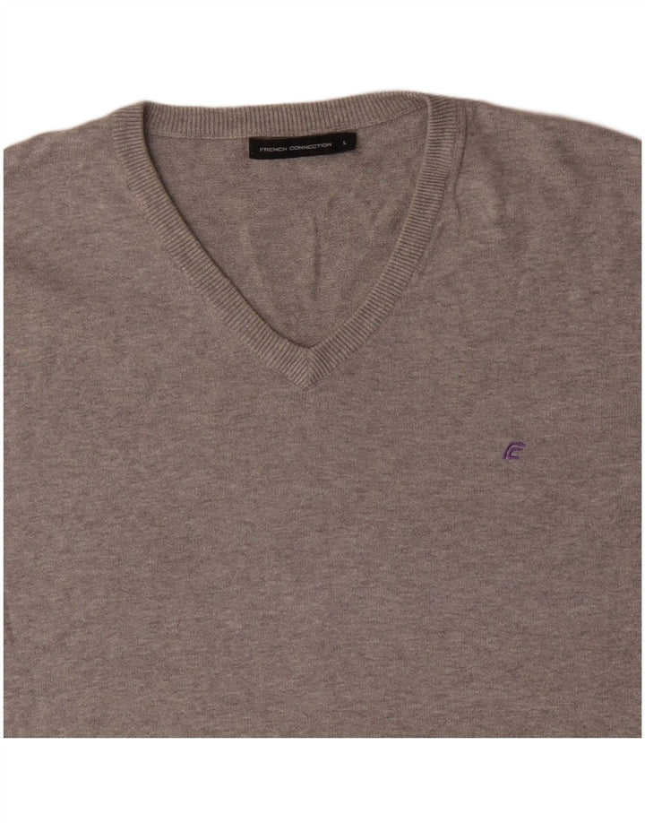 FRENCH CONNECTION Jersey con cuello en V para hombre de algodón moteado gris grande
