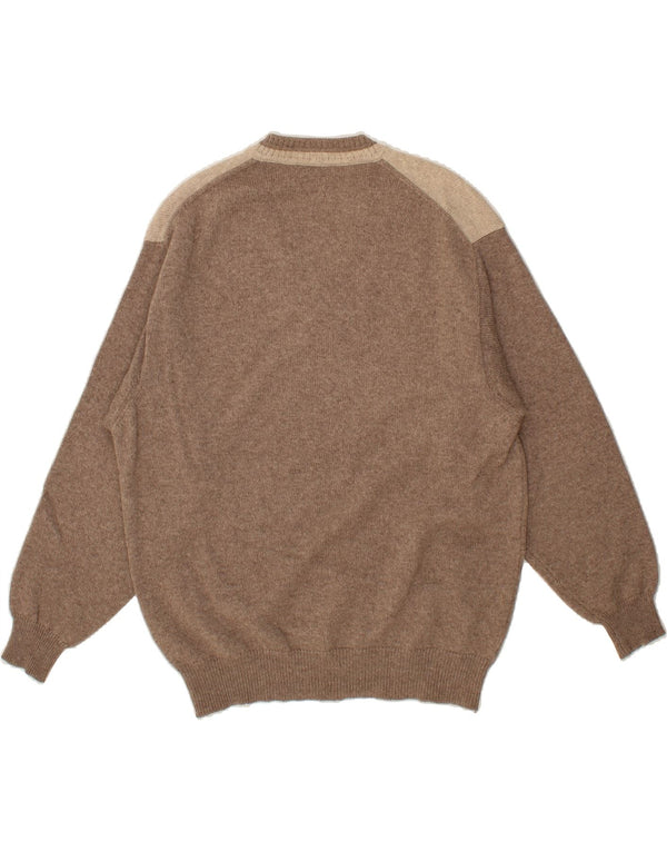 GRAN SASSO Mens V-Neck Jumper Sweater Large Brown Argyle/Diamond Wool
