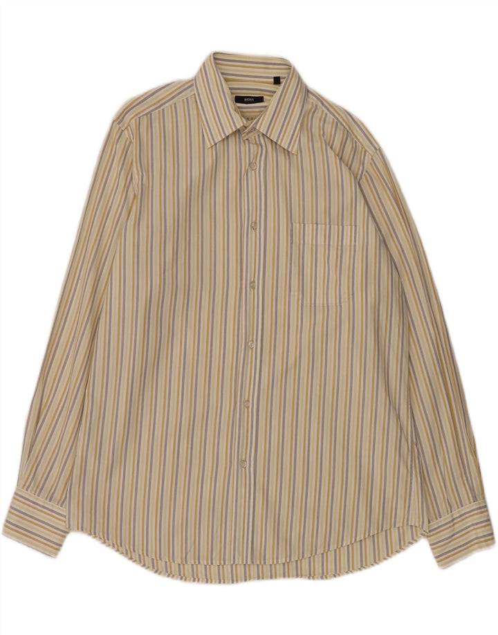 Camisa Hugo Boss Hombre Talla 41 16 Algodón Rayado Beige Grande