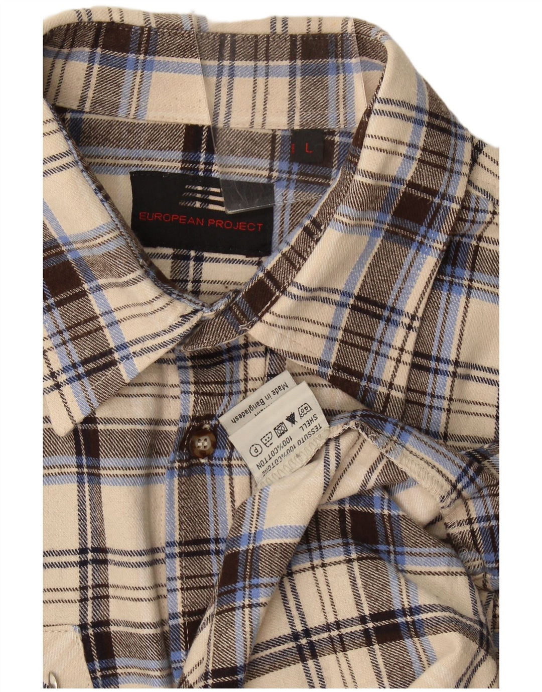 Camisa de franela para hombre de European Project, algodón a cuadros beige grande