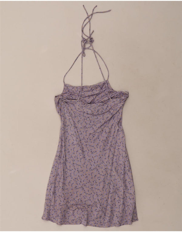 Zara Mujer Mini Vestido Halter UK 6 XS Viscosa Floral Púrpura