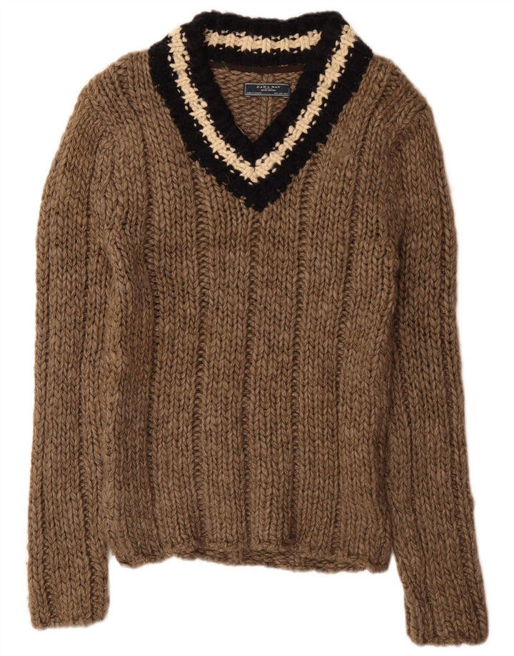 Zara Hombre Jersey Con Cuello En V Jersey Grande Acrílico A Rayas Marrón