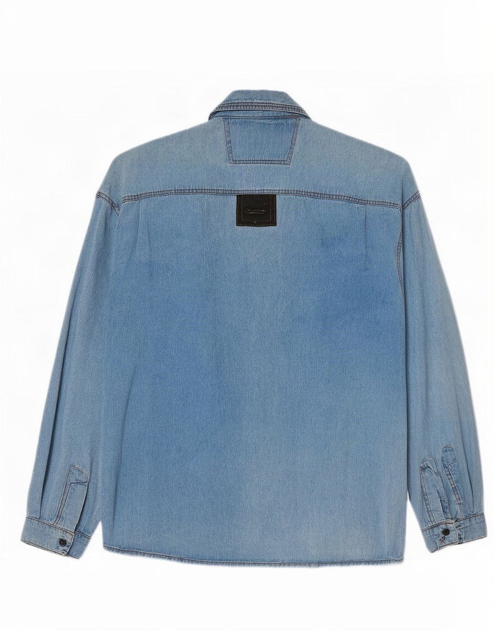Camisa vaquera vintage para hombre Bloque de color azul grande
