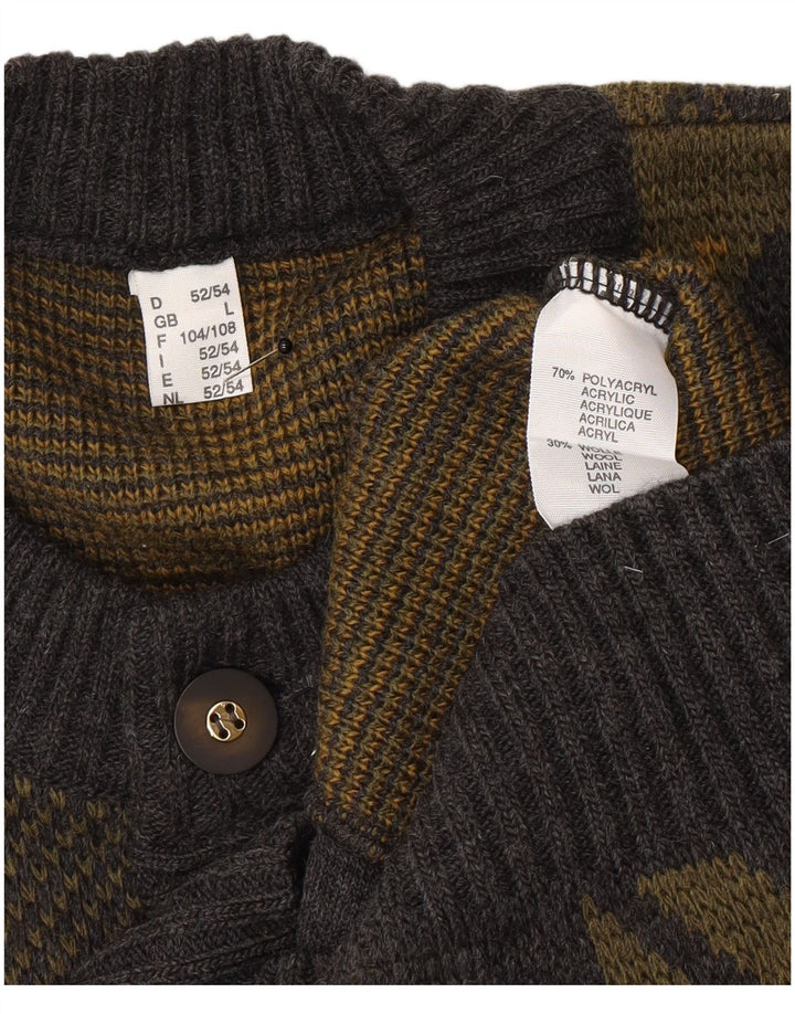 Vintage hombres Cardigan suéter grande gris geométrico poliacrílico