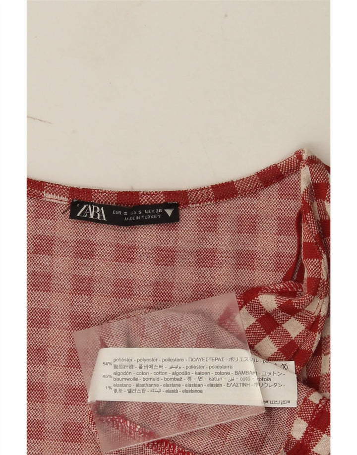 Zara Mujer Vestido Acampanado UK 8 Pequeño Poliéster Vichy Rojo