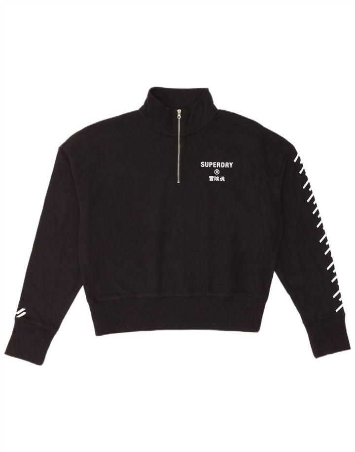 Superdry Mujer Crop Graphic Zip Neck Sudadera Jumper UK 40 Medium Negro