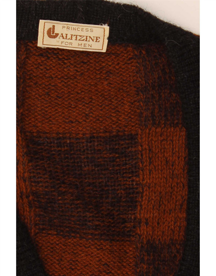 Vintage hombres Cardigan suéter grande marrón geométrico