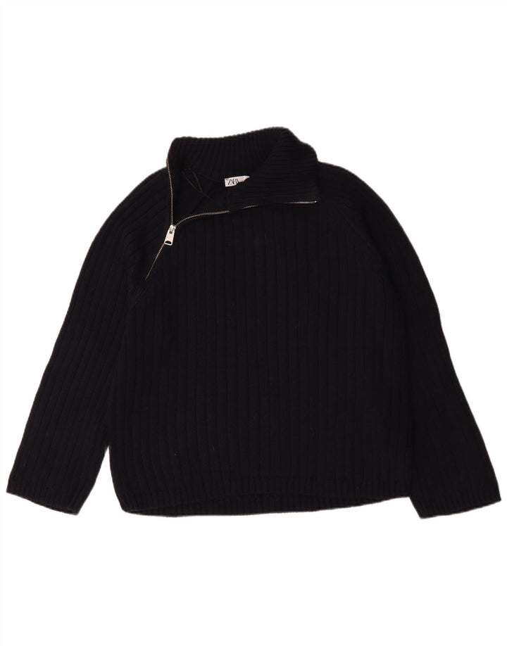 Zara Hombre Regular Fit Zip Neck Jumper Sweater Small Azul Marino Algodón