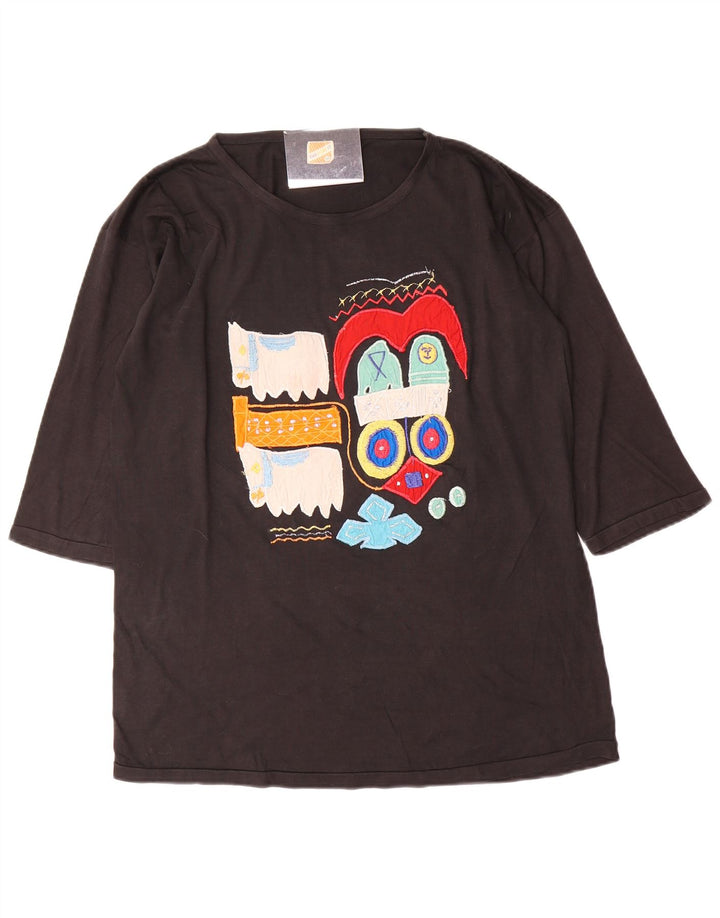 Vintage mujer gráfico top 3/4 manga Reino Unido 14 algodón negro medio