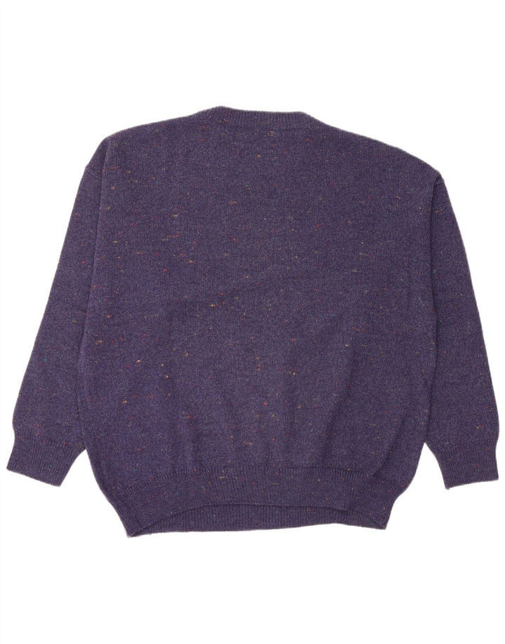 Vintage hombres cuello redondo jersey suéter medio azul marino lana geométrica