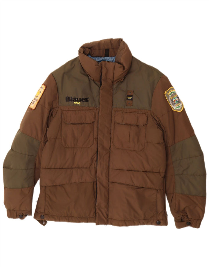 Blauer Chaqueta Acolchada Estampada Para Hombre UK 38 Nylon Color Block Marrón Medio