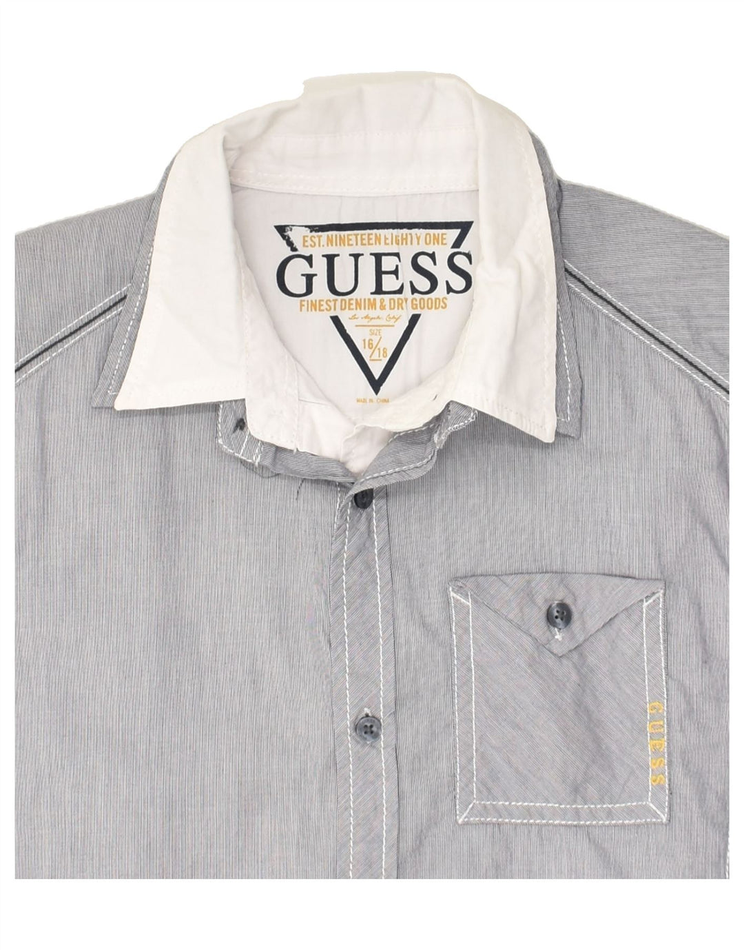 GUESS Boys Shirt 15-16 Years Large Grey Striped Cotton | Vintage Guess | Thrift | Second-Hand Guess | Used Clothing | Messina Hembry 