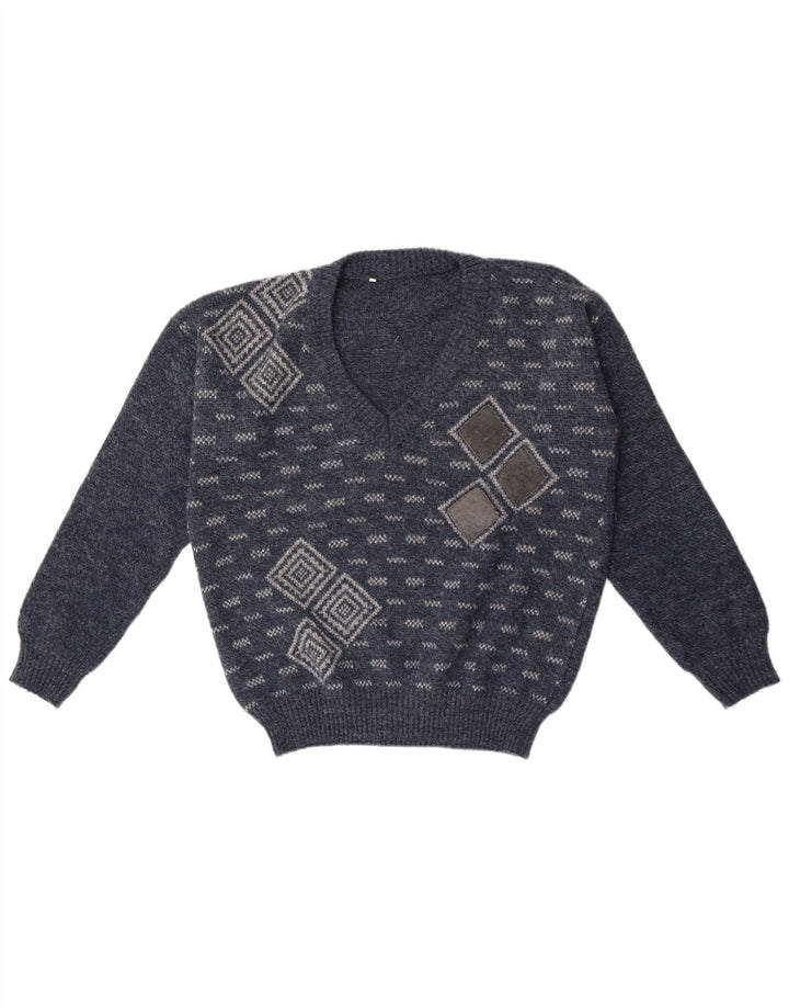 Vintage hombres V-cuello jumper suéter medio azul marino geométrico