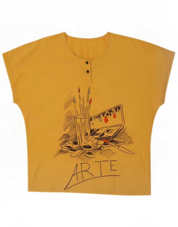Vintage mujer blusa gráfica Top Reino Unido 14 algodón amarillo medio