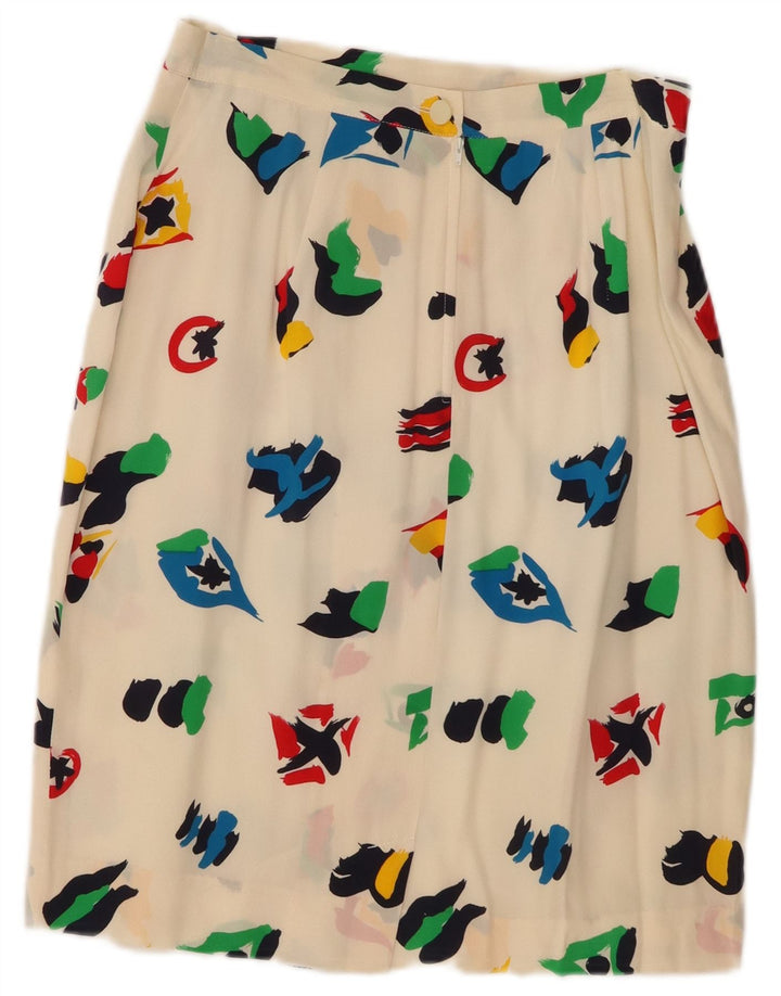 Vintage mujer patrón abstracto falda midi Reino Unido 10 pequeño W28 blanco apagado