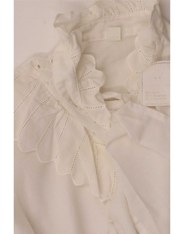 Vintage mujer 3/4 manga volante camisa delantera blusa Reino Unido 12 blanco medio