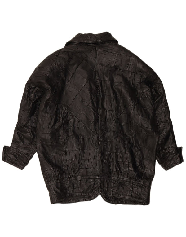 VINTAGE Abrigo de cuero de gran tamaño para mujer Reino Unido 8 Pequeño cuero patchwork negro