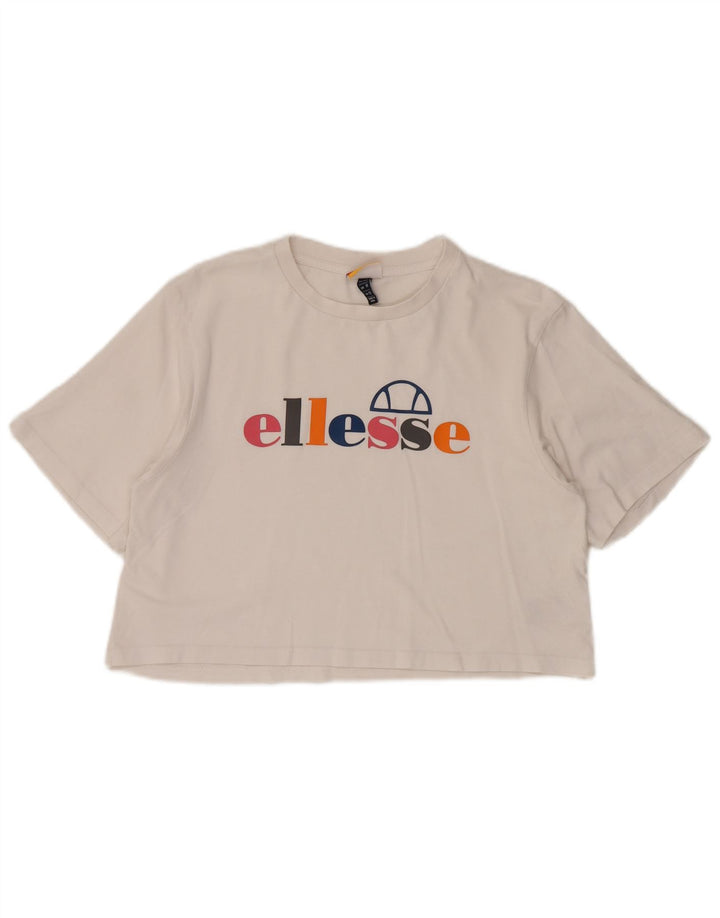 ELLESSE Camiseta corta con gráfico para mujer UK 12 Medium White Cotton