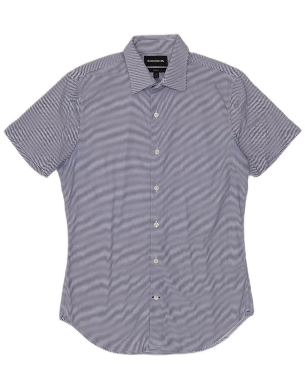 BONOBOS Camisa de manga corta entallada para hombre de nailon a rayas azules pequeñas