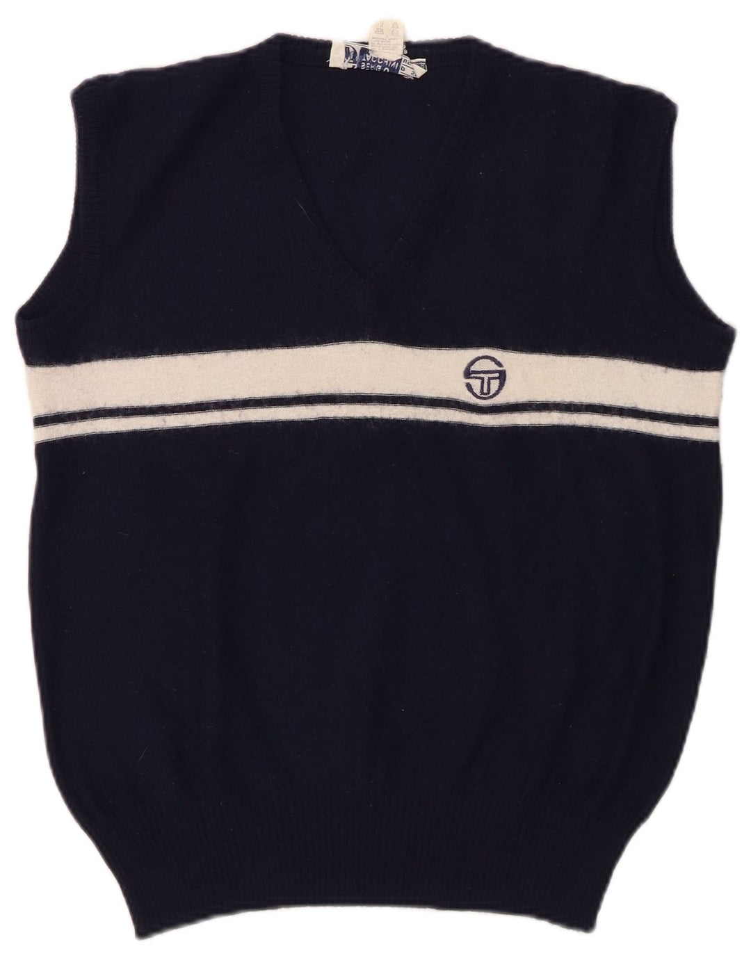 SERGIO TACCHINI Chaleco para mujer Camiseta sin mangas Reino Unido 14 Lana a rayas azul marino medio