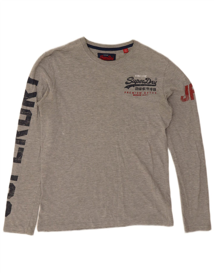 Superdry Top gráfico de manga larga de algodón moteado en gris medio