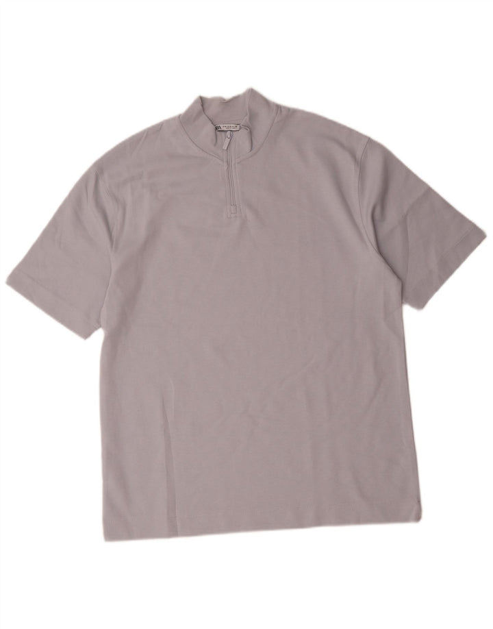 Zara Hombre Camiseta Con Cuello Y Cremallera Top Algodón Azul Medio