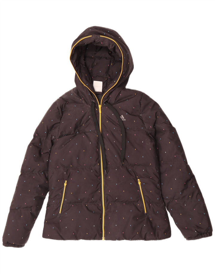 Adidas Chaqueta acolchada con capucha para mujer UK 44 Mediana Poliéster con manchas negras