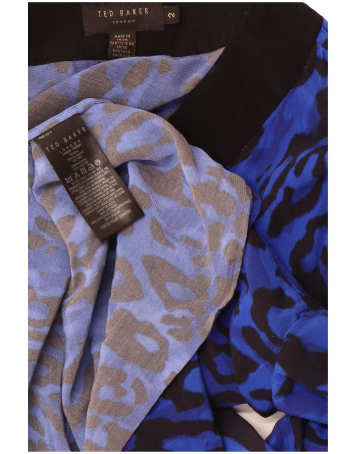 TED BAKER Blusa de manga larga para mujer talla 2 pequeña estampado animal azul