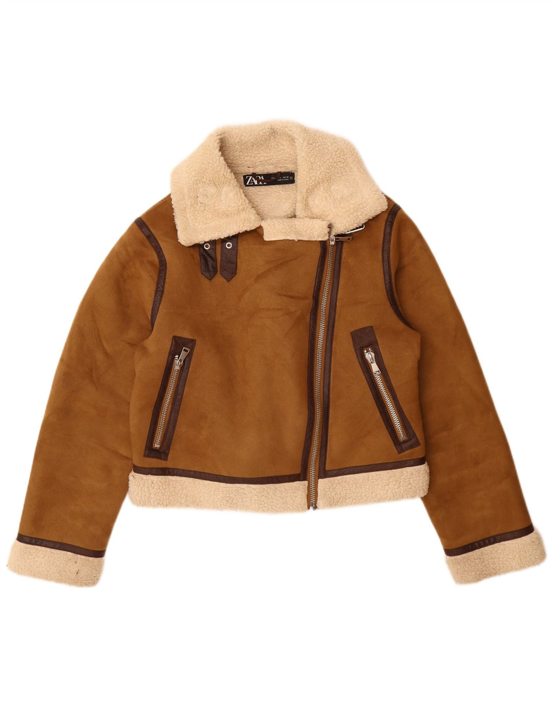 Zara Mujer Sherpa Chaqueta UK 46 Grande Poliéster Marrón
