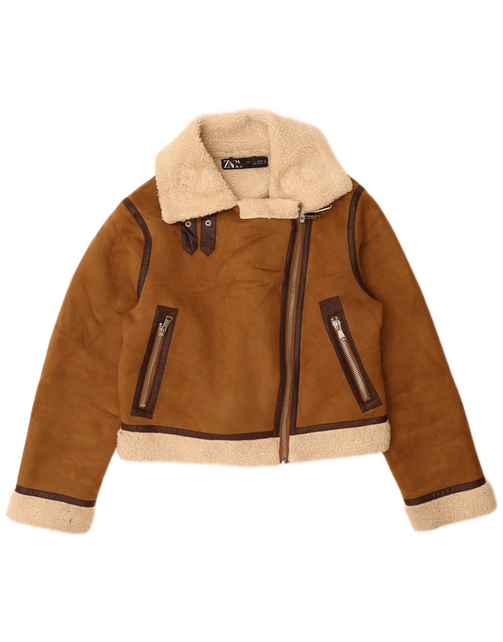 Zara Mujer Sherpa Chaqueta UK 46 Grande Poliéster Marrón