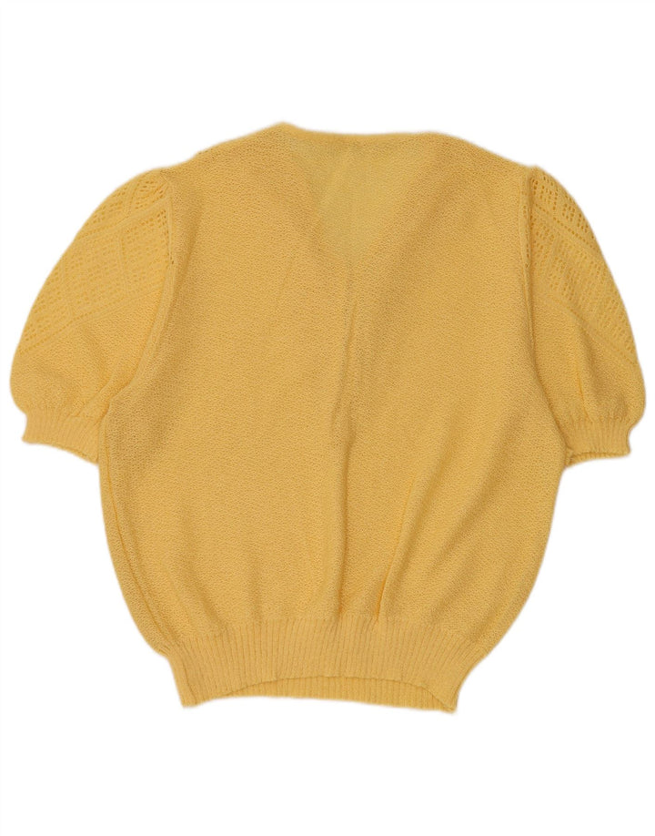 VINTAGE suéter de manga corta con cuello en V para mujer Reino Unido 16 amarillo grande