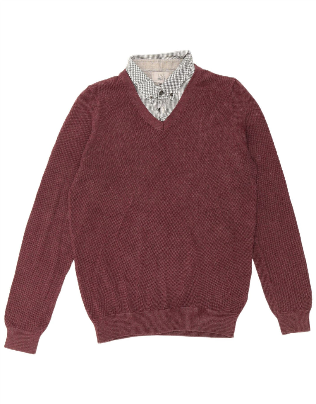 Marks & Spencer Suéter tipo jersey con cuello tipo polo para hombre, talla pequeña, color burdeos