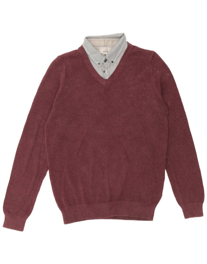 Marks & Spencer Suéter tipo jersey con cuello tipo polo para hombre, talla pequeña, color burdeos