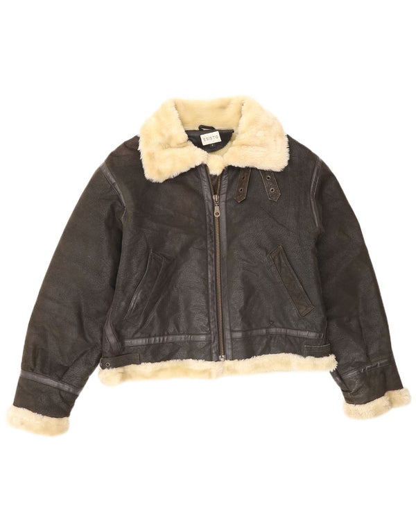 Esisto Chaqueta de cuero Sherpa holgada para mujer UK 40 Small Marrón Colorblock