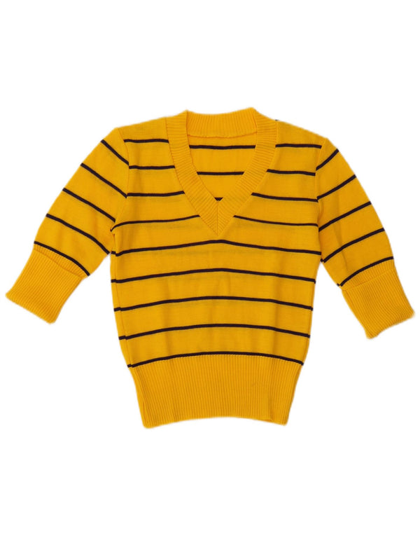 Vintage mujer cultivo 1/2 manga V-cuello jersey suéter Reino Unido 4 XS amarillo rayas