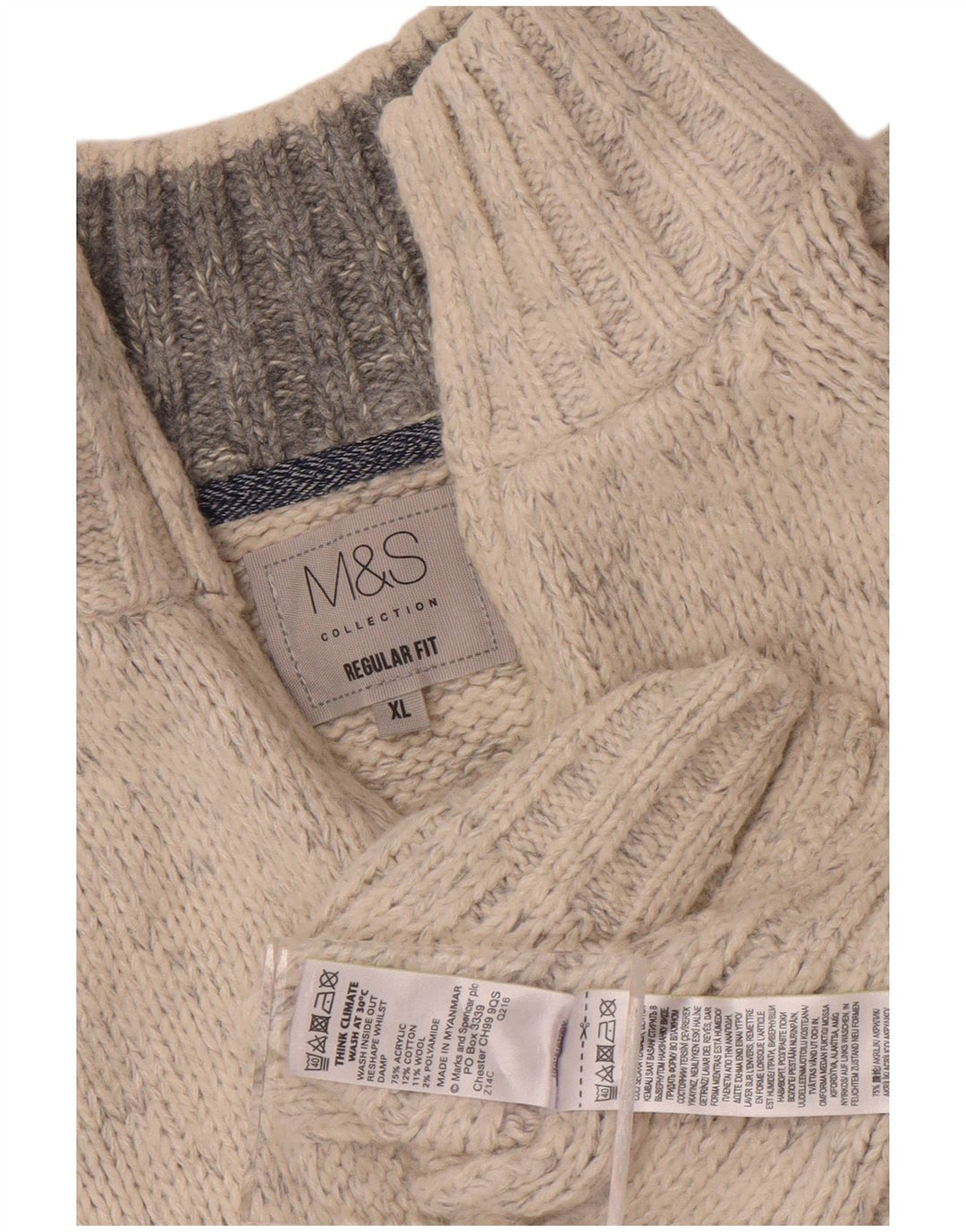 Marks & Spencer Suéter tipo jersey con cuello y cremallera de ajuste regular para hombre XL Beige Moteado