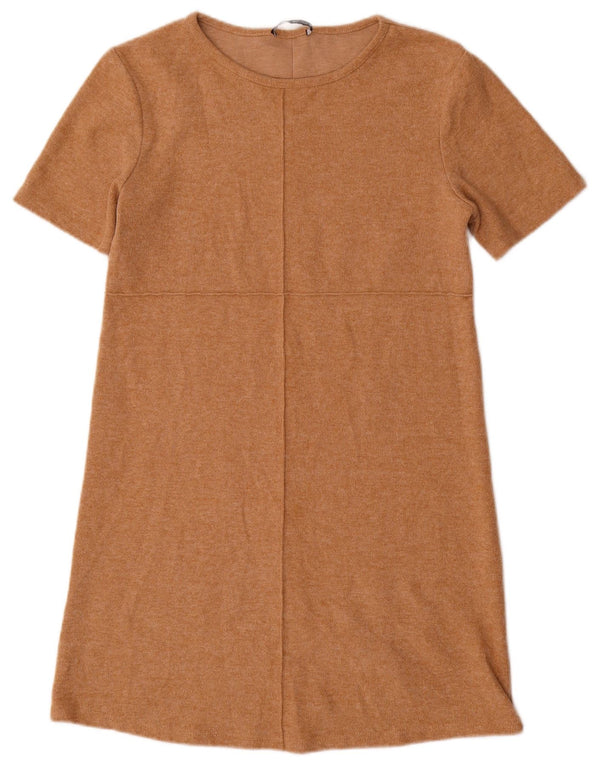 Zara Vestido recto de manga corta para mujer UK 42 Algodón beige medio